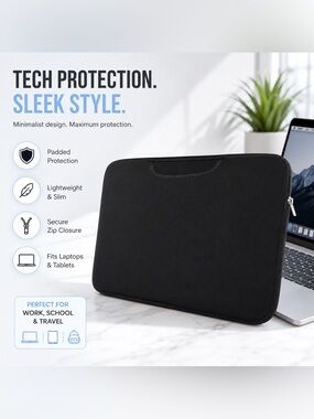 Black Neoprene Laptop Sleeve / Tablet Case – Zipper Closure